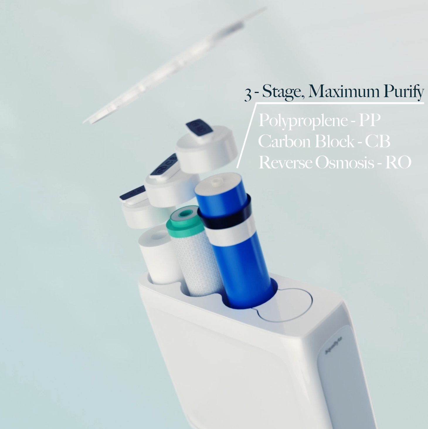 Water filtration system with labeled stages on a light blue background