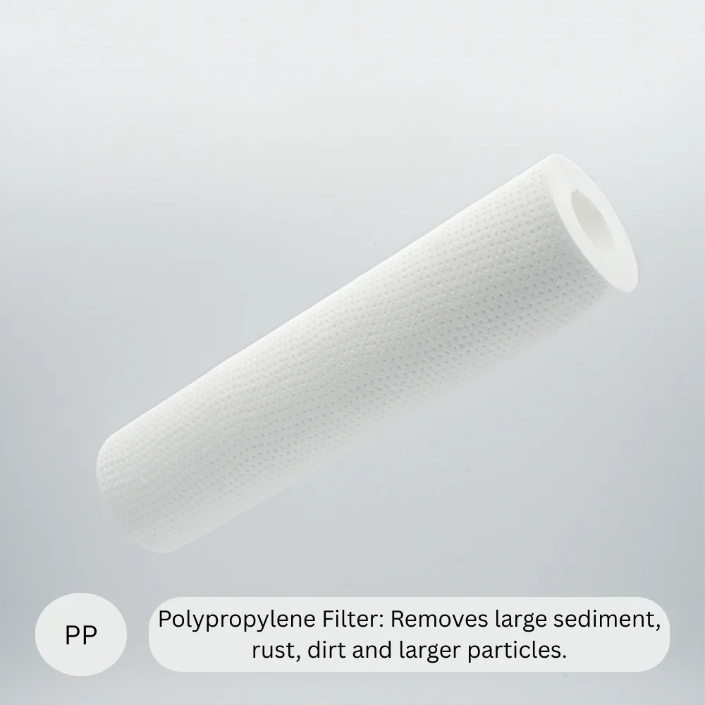 Polypropylene filter on a gray background with text describing its function.