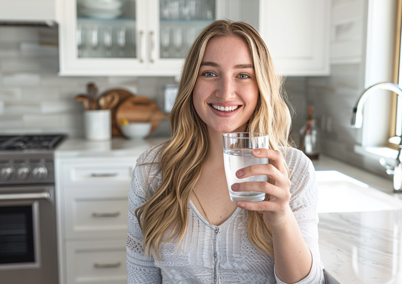 Woman holding a glass of water in a kitchen