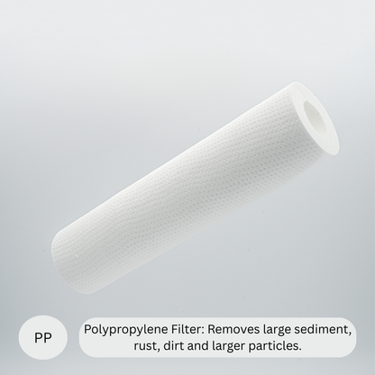 Polypropylene filter on a gray background with text describing its function.