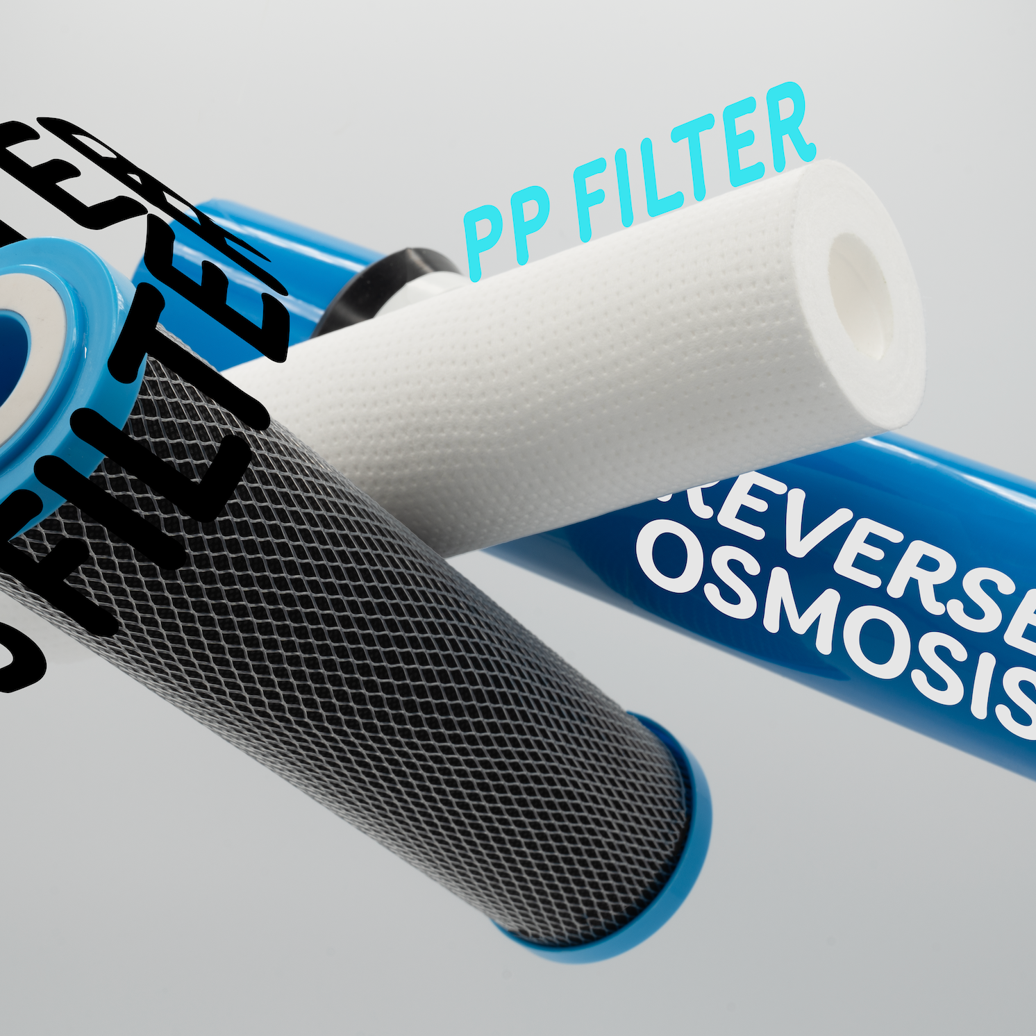 Three stages of water filtration with labels on a gray background